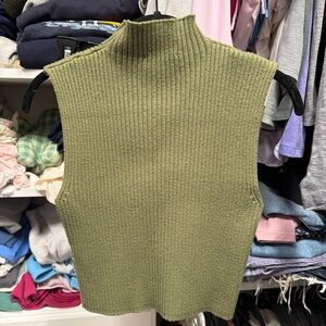 Zara Olive Green Ribbed Sleeveless Mock Neck Top
